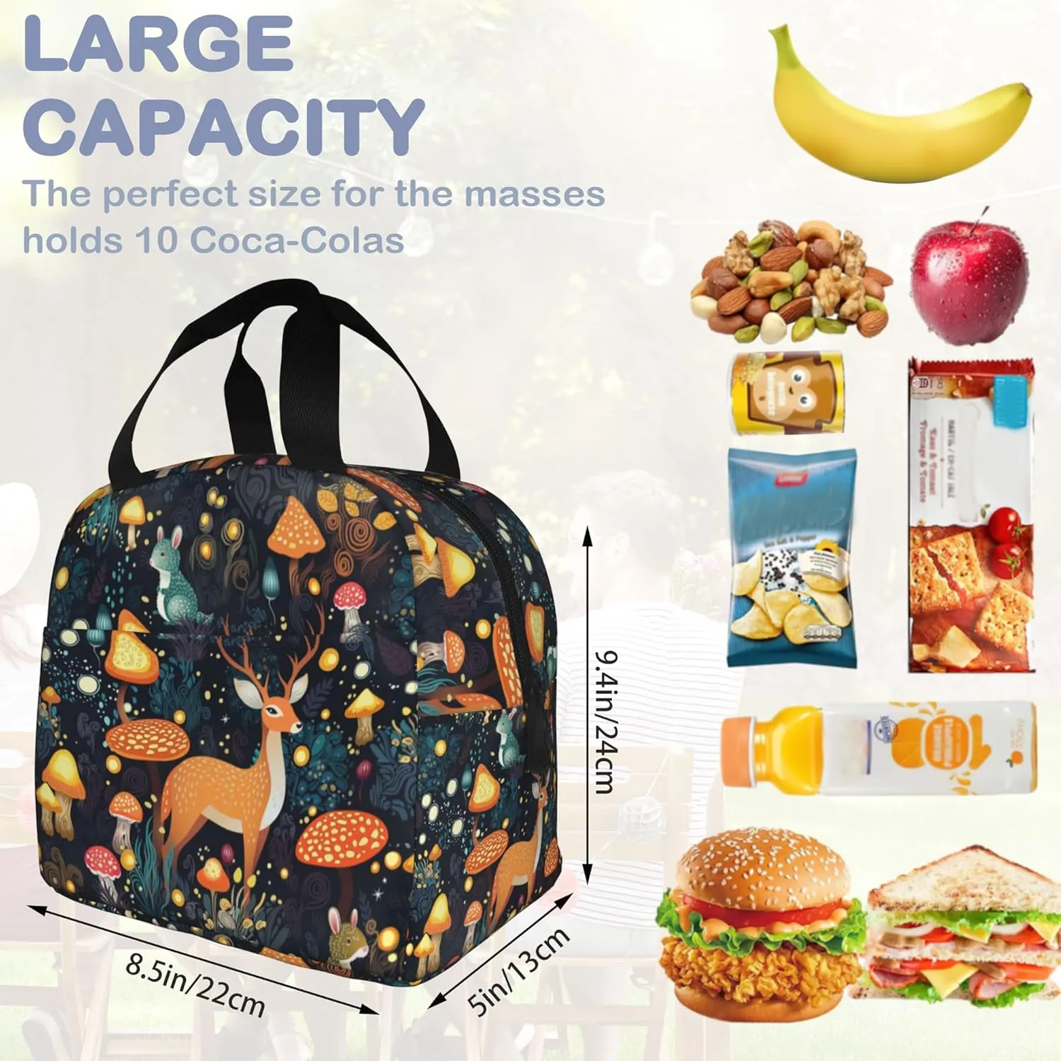 Insulated Lunch Bag,Forest With Mushrooms,Deer Lunch Box for School Student Kids Boys Girls,Leakproof Small Lunch Tote for Adult Men Women,Reusable Lunch Cooler Tote Bag for Office Work Picnic
