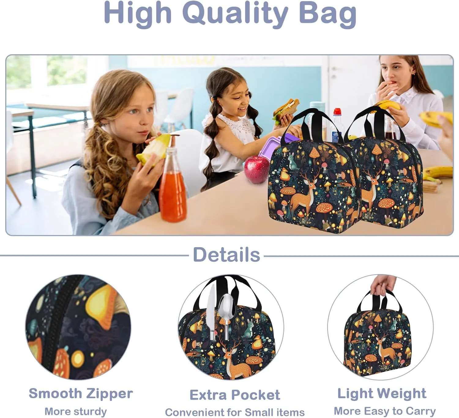 Insulated Lunch Bag,Forest With Mushrooms,Deer Lunch Box for School Student Kids Boys Girls,Leakproof Small Lunch Tote for Adult Men Women,Reusable Lunch Cooler Tote Bag for Office Work Picnic
