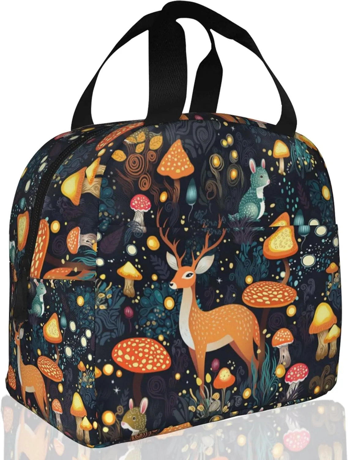 Insulated Lunch Bag,Forest With Mushrooms,Deer Lunch Box for School Student Kids Boys Girls,Leakproof Small Lunch Tote for Adult Men Women,Reusable Lunch Cooler Tote Bag for Office Work Picnic
