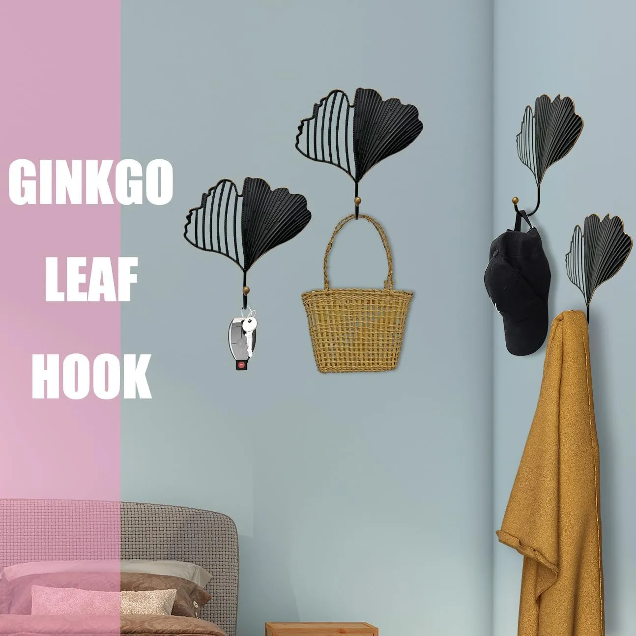 Iron Single Hooks Modern Leaf Decoration Style for Room Wall Mounted Decoration, Coats, Hats, Handbags Scarves Hanging, Home Decor 2pcs (6.7in Black)