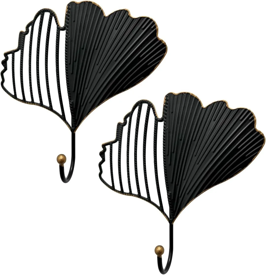 Iron Single Hooks Modern Leaf Decoration Style for Room Wall Mounted Decoration, Coats, Hats, Handbags Scarves Hanging, Home Decor 2pcs (6.7in Black)