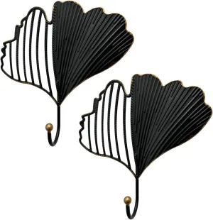 Iron Single Hooks Modern Leaf Decoration Style for Room Wall Mounted Decoration, Coats, Hats, Handbags Scarves Hanging, Home Decor 2pcs (6.7in Black)
