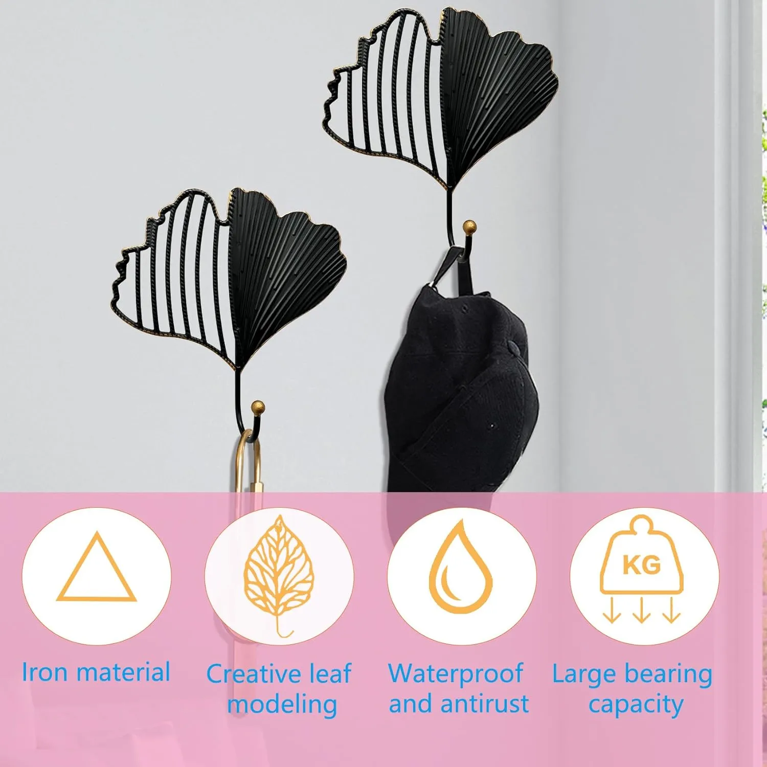 Iron Single Hooks Modern Leaf Decoration Style for Room Wall Mounted Decoration, Coats, Hats, Handbags Scarves Hanging, Home Decor 2pcs (6.7in Black)