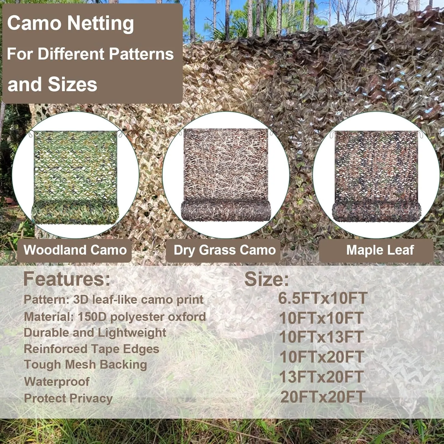 iunio Camo Netting Camouflage Netting, 10ft×10ft, 10x20ft, 20ft×20ft, Mesh Backing Oxford Fabric Camo Net Military Surplus, Hunting Blind for Deer Stand, Party Decorations, Photograph and Car Cover