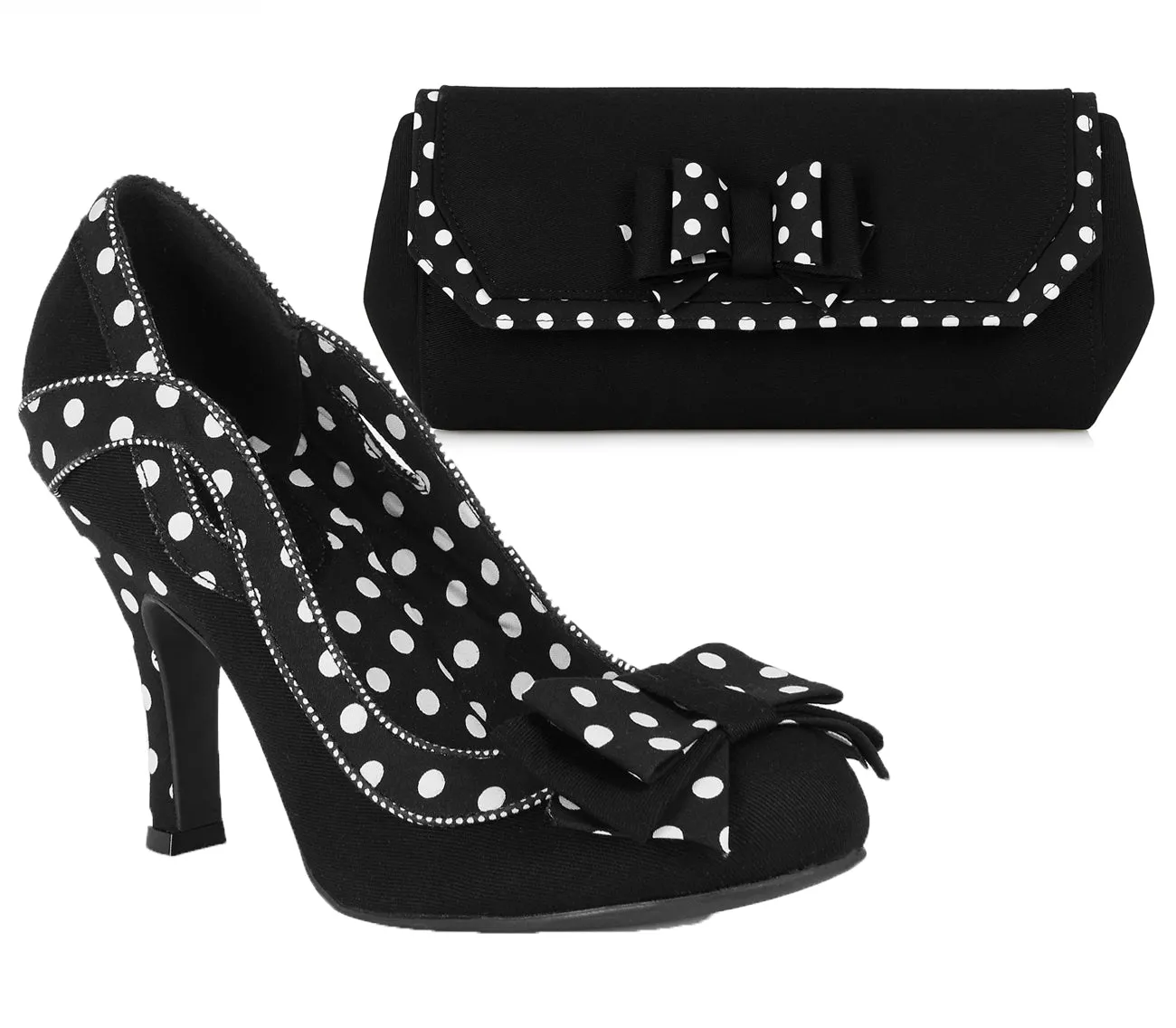 Ivy Black Spot High Heel Court Shoes & Matching Brighton Bag by Ruby Shoo