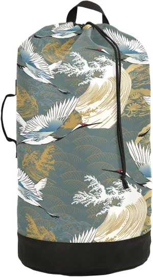 Japanese Traditional Crane Birds, Wave, Trees Asia Oriental Motifs Backpack Laundry Bag, Laundry Backpack with Shoulder Straps, Waterproof Nylon Clothes Hamper Bag for Men Women Yoga Backpack