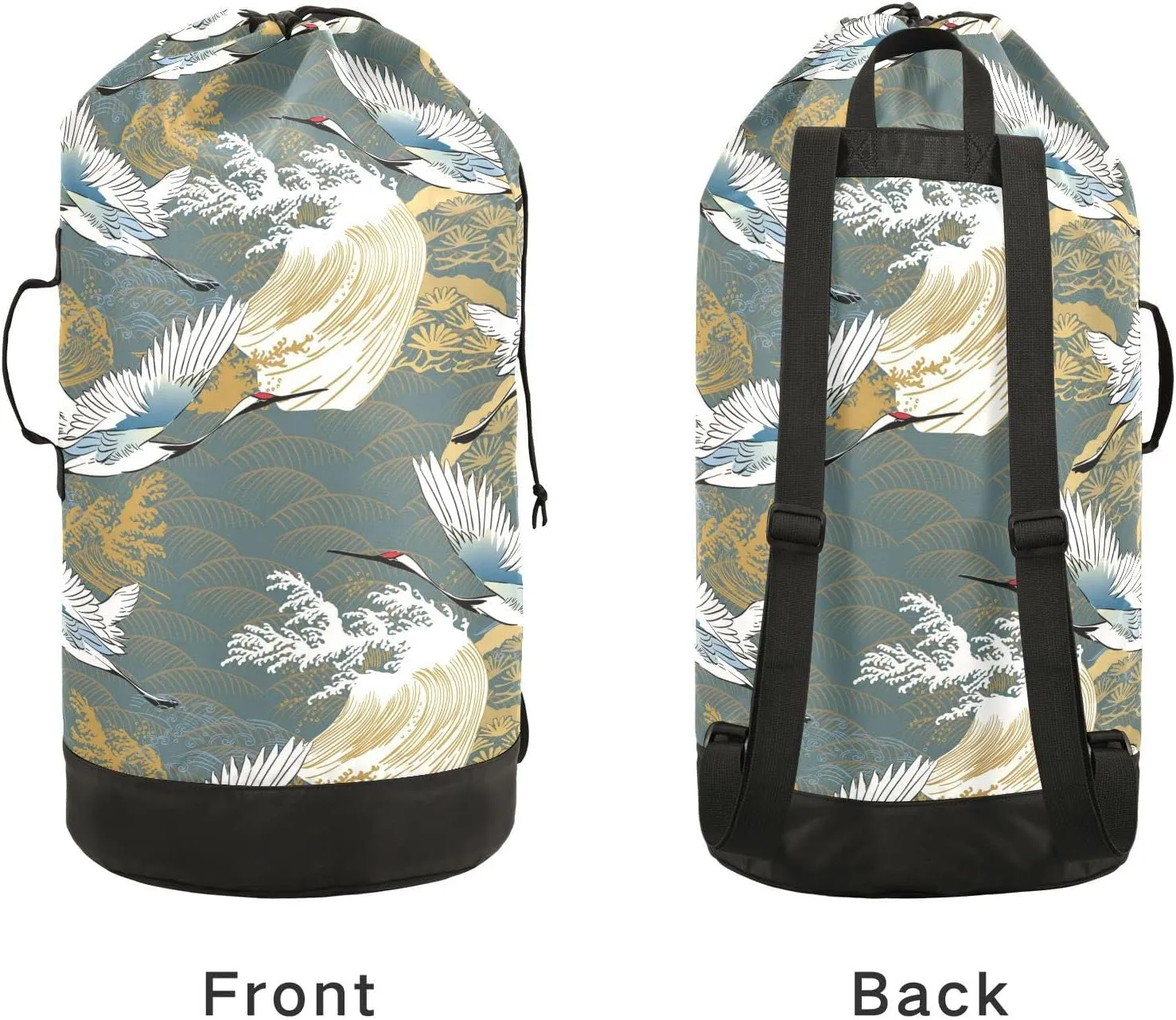 Japanese Traditional Crane Birds, Wave, Trees Asia Oriental Motifs Backpack Laundry Bag, Laundry Backpack with Shoulder Straps, Waterproof Nylon Clothes Hamper Bag for Men Women Yoga Backpack
