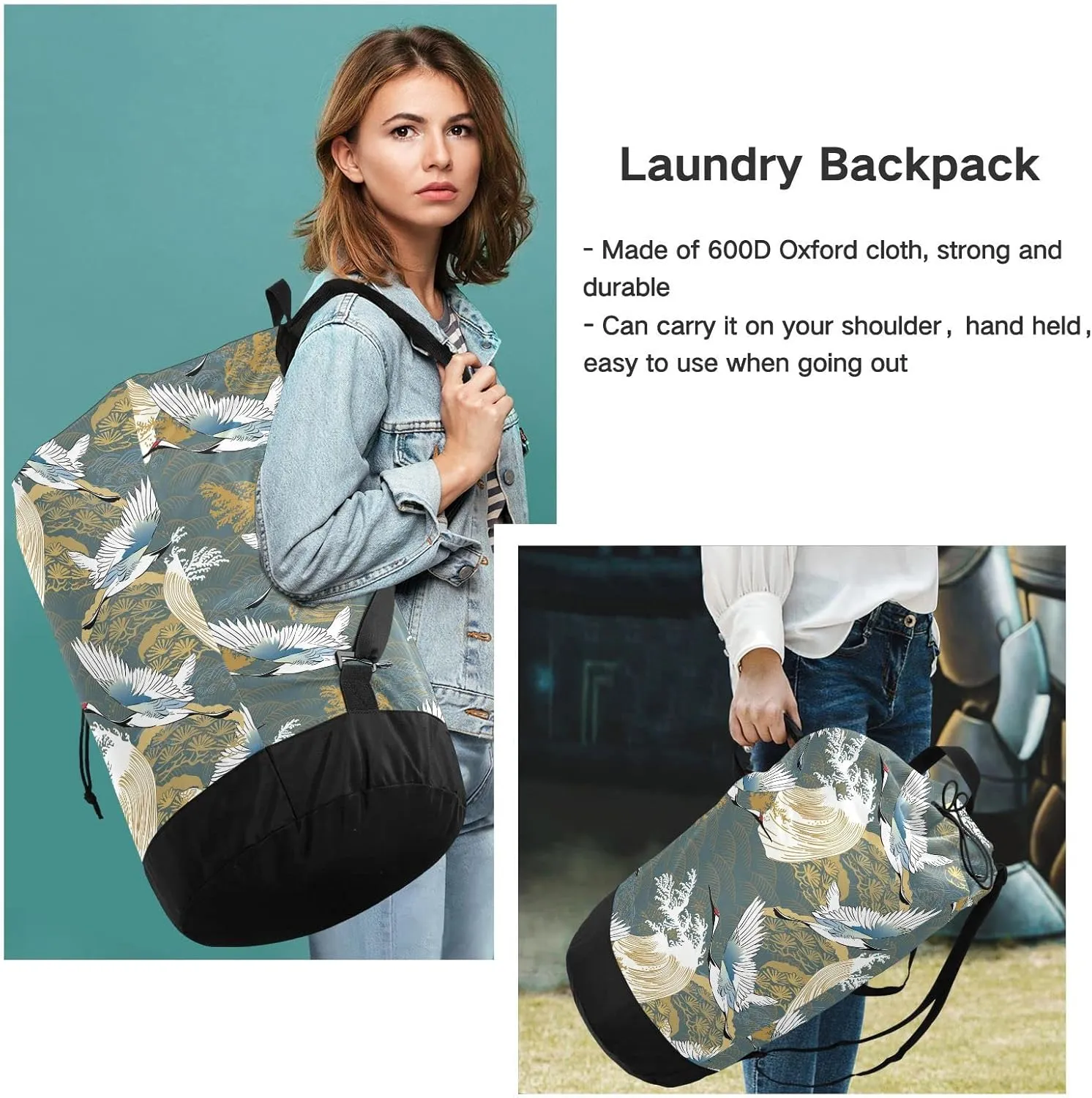 Japanese Traditional Crane Birds, Wave, Trees Asia Oriental Motifs Backpack Laundry Bag, Laundry Backpack with Shoulder Straps, Waterproof Nylon Clothes Hamper Bag for Men Women Yoga Backpack