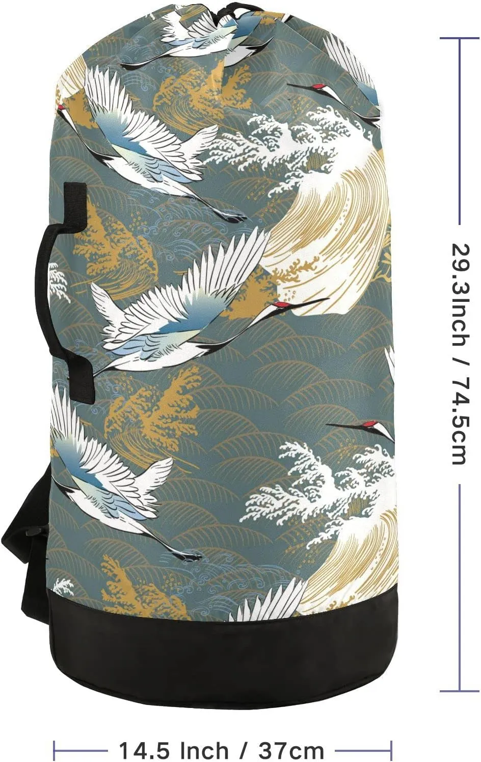 Japanese Traditional Crane Birds, Wave, Trees Asia Oriental Motifs Backpack Laundry Bag, Laundry Backpack with Shoulder Straps, Waterproof Nylon Clothes Hamper Bag for Men Women Yoga Backpack