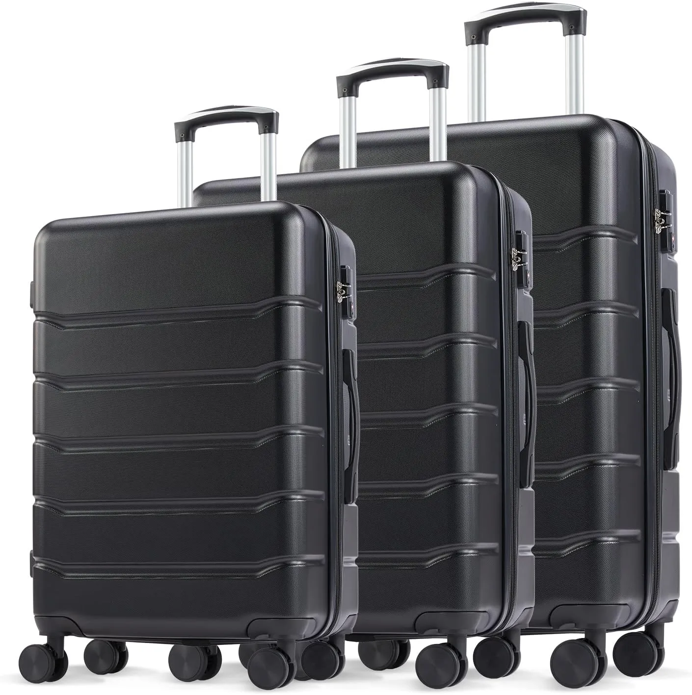JCSD Hard-Sided Expandable Suitcase with 360° Rotating Wheels, TSA Lock, Retractable Handle, 20"-28" Size, Black, 3-Pack