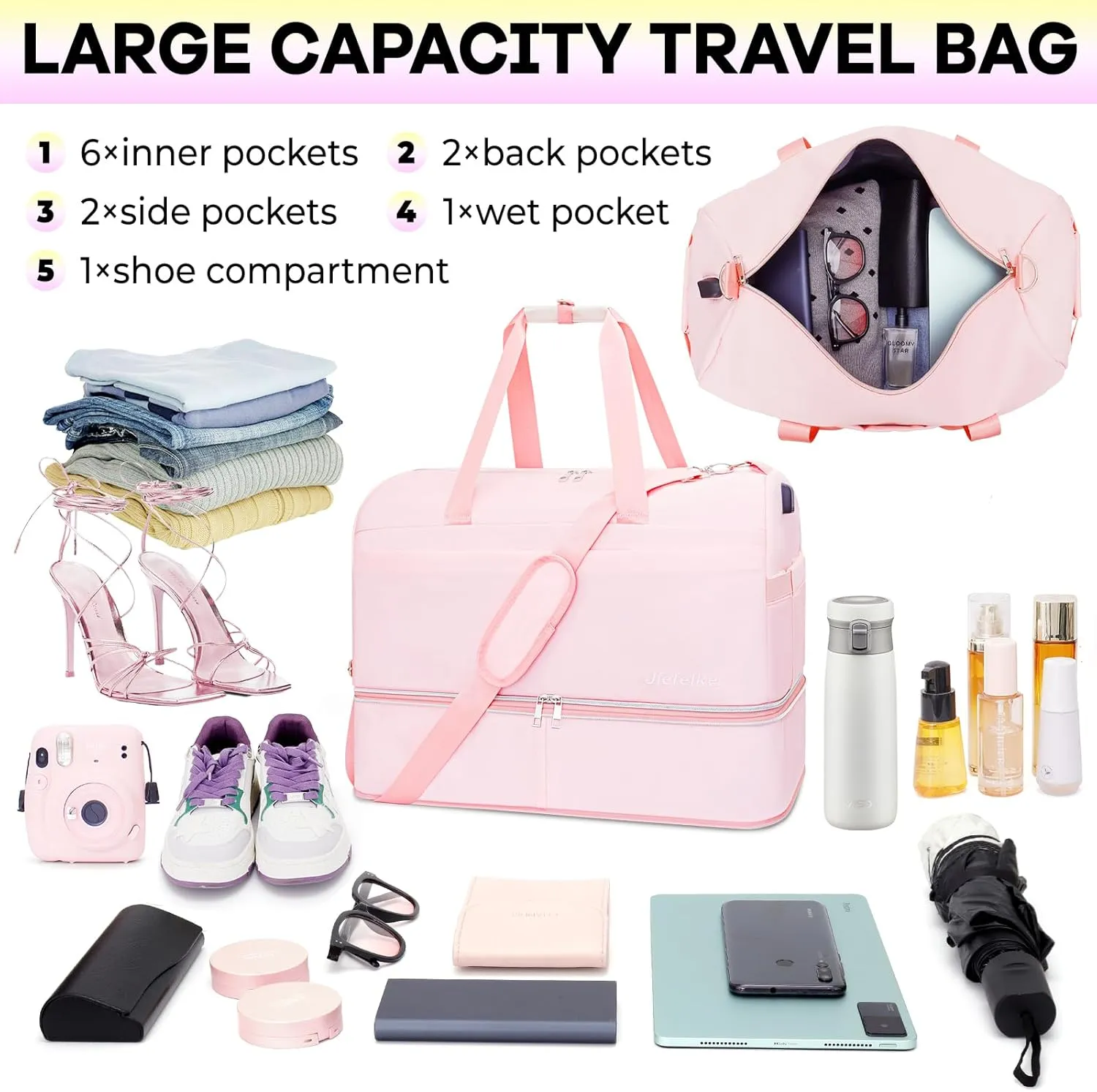 Jiefeike Travel Duffle Bag Waterproof Weekender Bag Carry On Tote Bags for Women, Travel Essentials Sport Gym Bag Overnight Bag Luggage Bag with Shoe Compartment