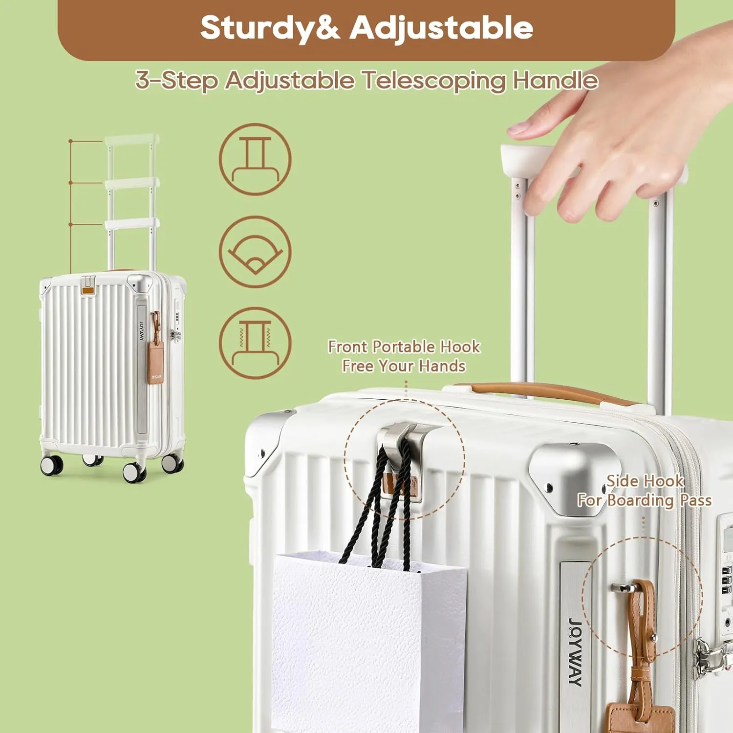 Joyway 20in Carry On Luggage with Cup Holder and USB Port, 25% Expandable Capacity, Smart Suitcase with Anti Slip Wheels and Handbag, Perfect for Men and Women 3 Piece Set White