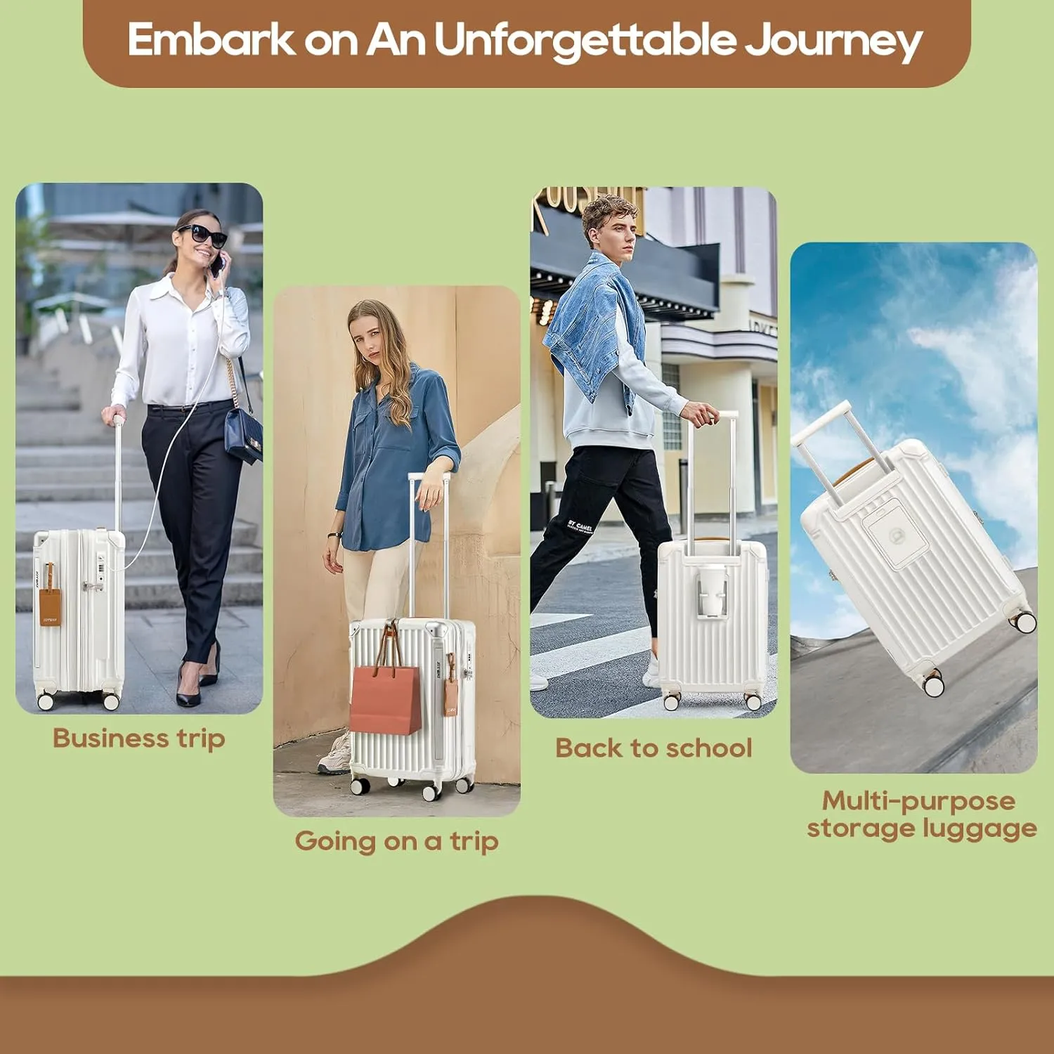 Joyway 20in Carry On Luggage with Cup Holder and USB Port, 25% Expandable Capacity, Smart Suitcase with Anti Slip Wheels and Handbag, Perfect for Men and Women 3 Piece Set White