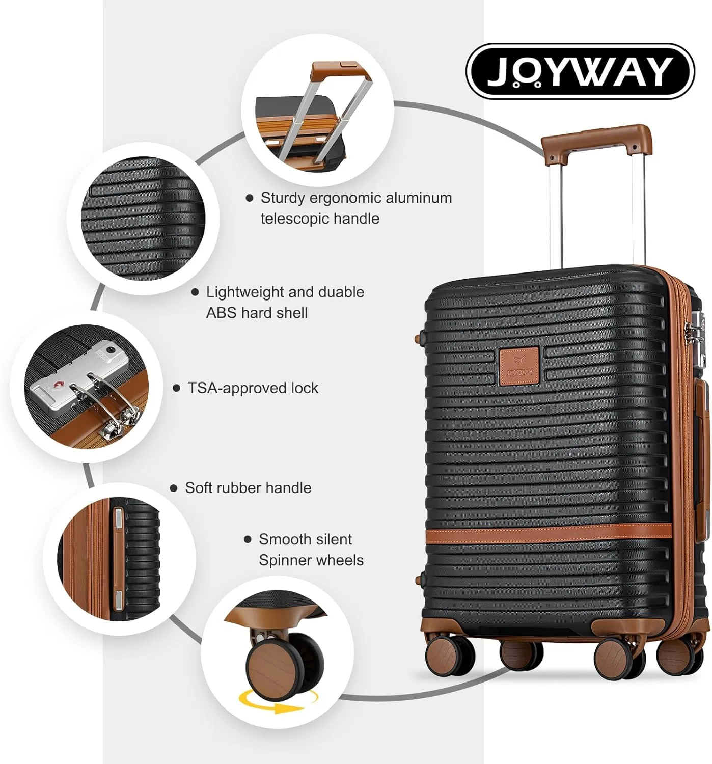 Joyway Carry On Luggage 20 Inch Expandable Suitcase with Spinner Wheel, 3 Piece Hard Shell Luggage Set with TSA Lock(Black)