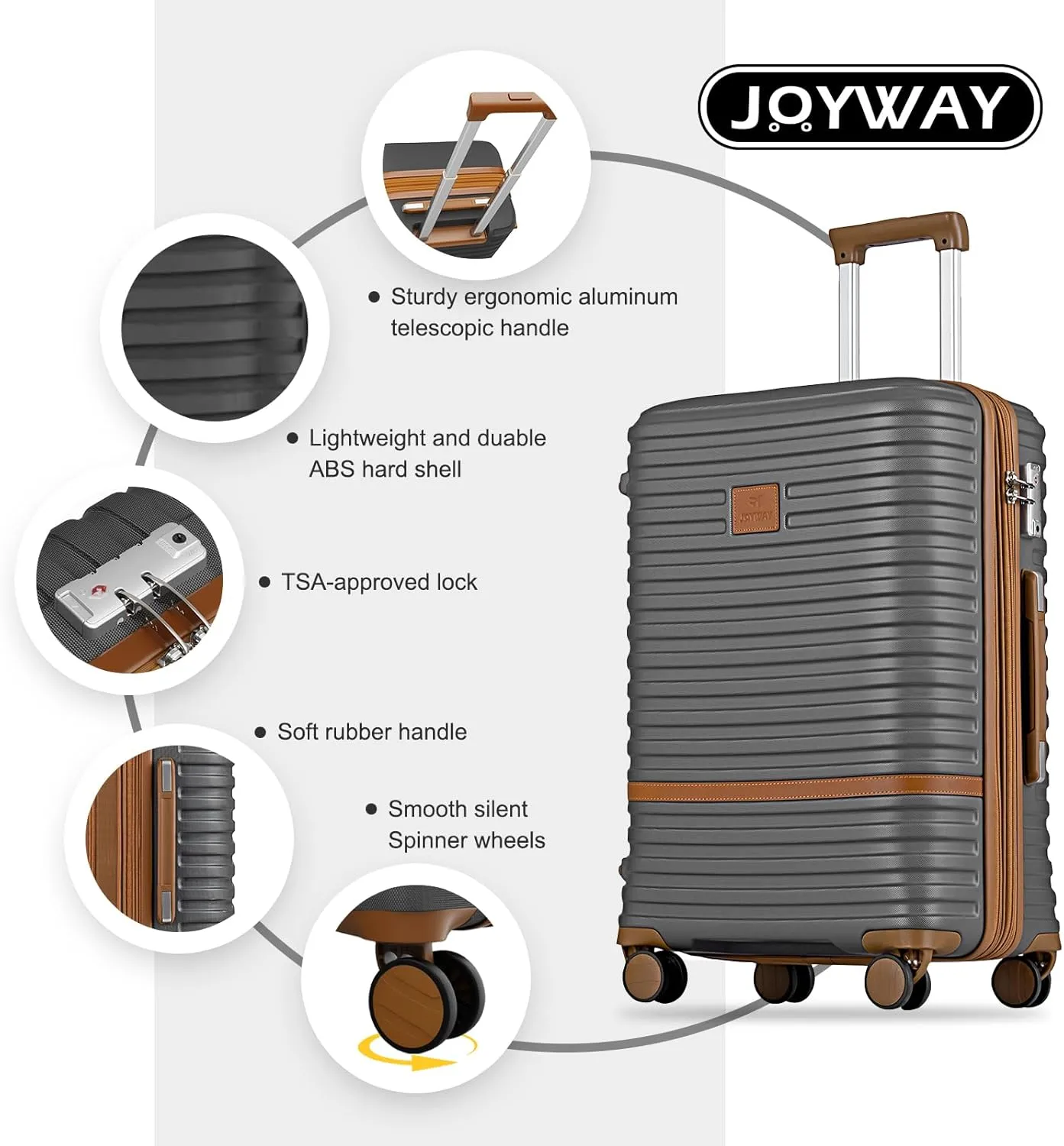 Joyway Carry On Luggage 20 Inch Expandable Suitcase with Spinner Wheel, 4 Piece Hard Shell Luggage Set with TSA Lock(Grey brown)