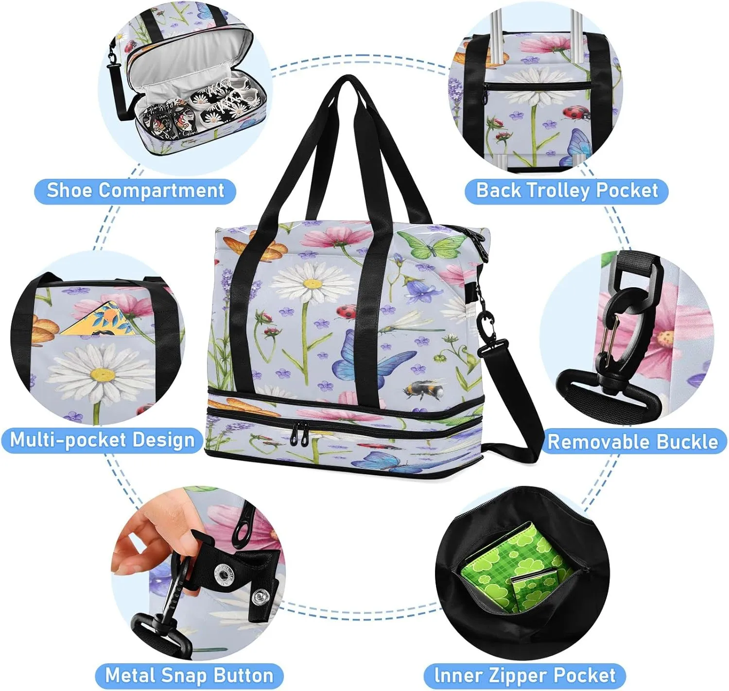 JSTEL Sport Tote Bag for Women,Gym Bag Pattern Duffle Bag with Shoe Compartment and Wet Pocket,Ladies Beach Bag Overnight Bag