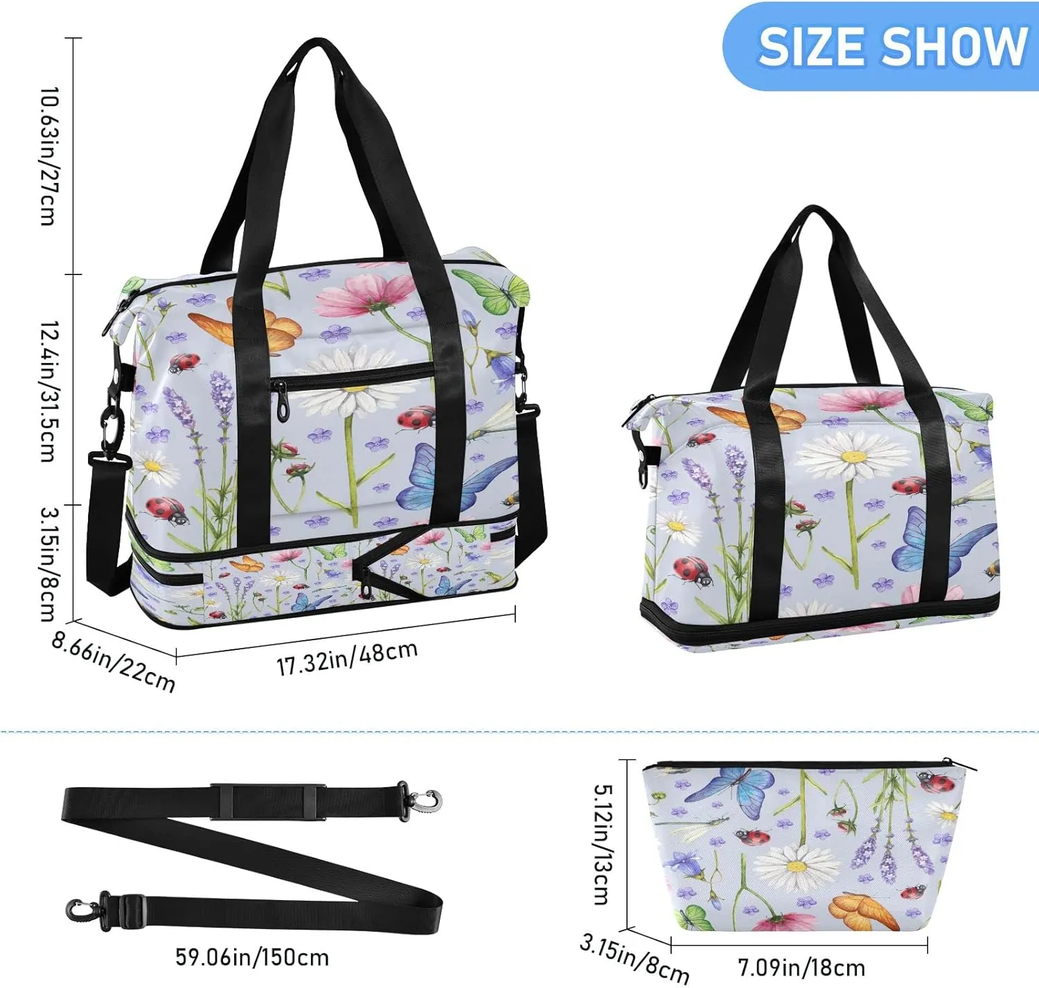 JSTEL Sport Tote Bag for Women,Gym Bag Pattern Duffle Bag with Shoe Compartment and Wet Pocket,Ladies Beach Bag Overnight Bag