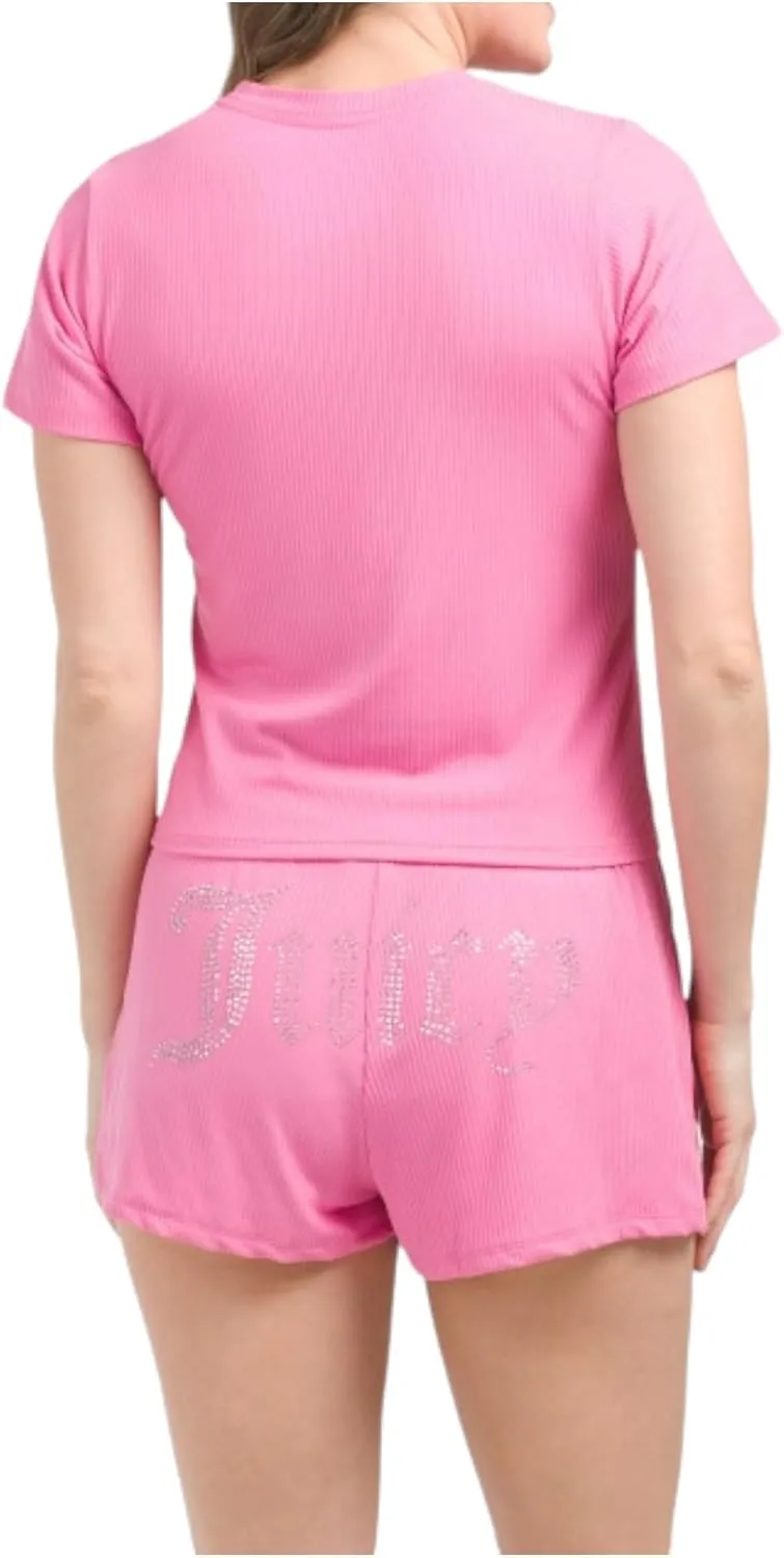 Juicy Couture Women’s Ribbed Short Sleeve Shirt and Shorts Pajama Set