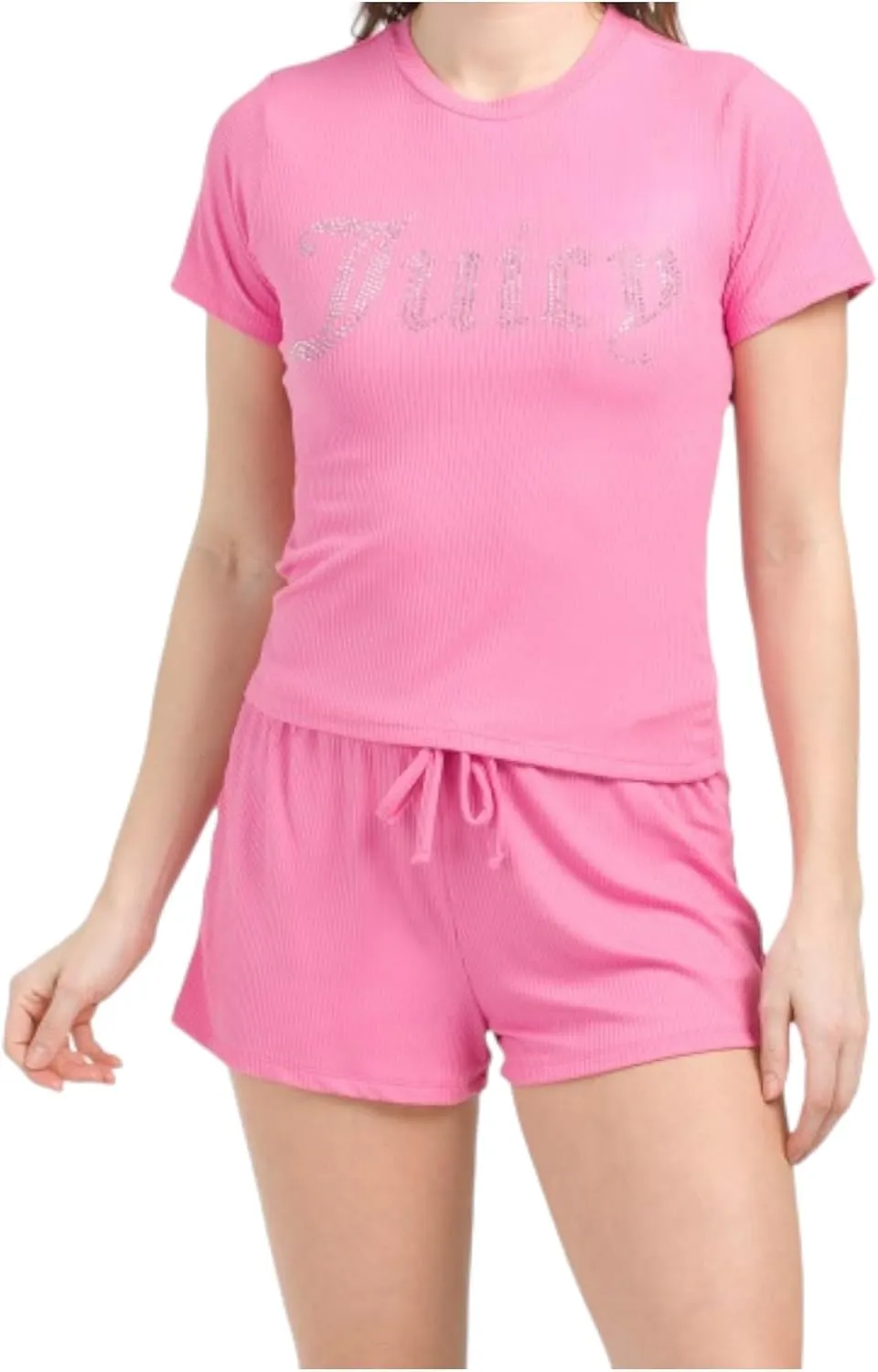 Juicy Couture Women’s Ribbed Short Sleeve Shirt and Shorts Pajama Set