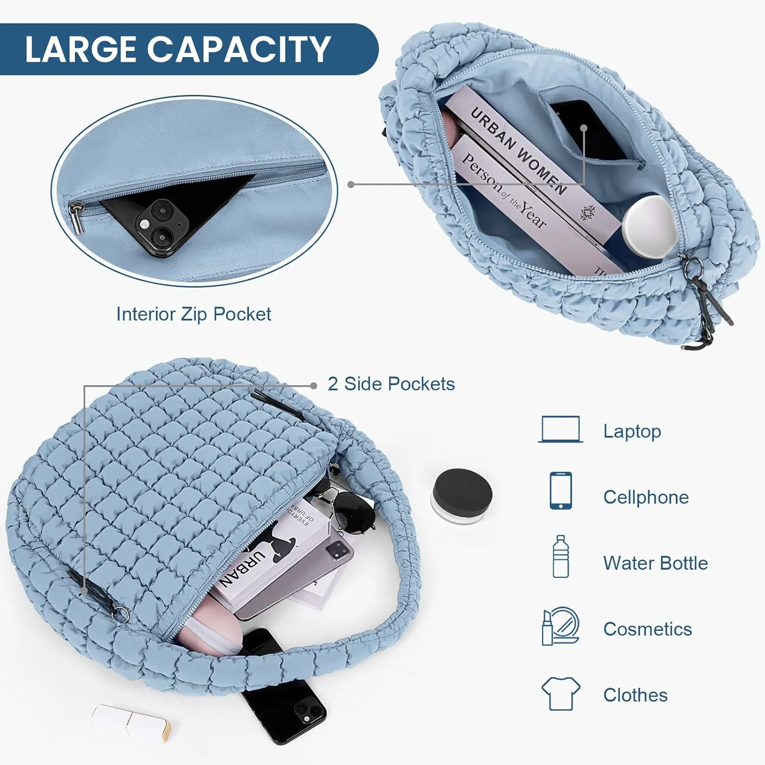 Juoxeepy Quilted Tote Bag Large Carryall Puffer Shoulder Bag Lightweight Padding Hobo Bag