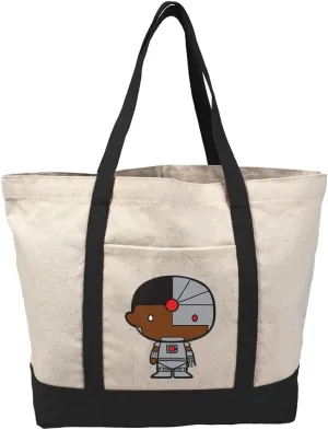Justice League Cyborg Cute Chibi Character Tote Bag External Pocket, Reusable Shoulder Bag Shopping, Beach, Royal Collection