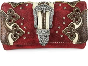 Justin West Tooled Laser Cut Leather Solid Rhinestone Silver Buckle Wristlet Trifold Wallet Attachable Long Strap