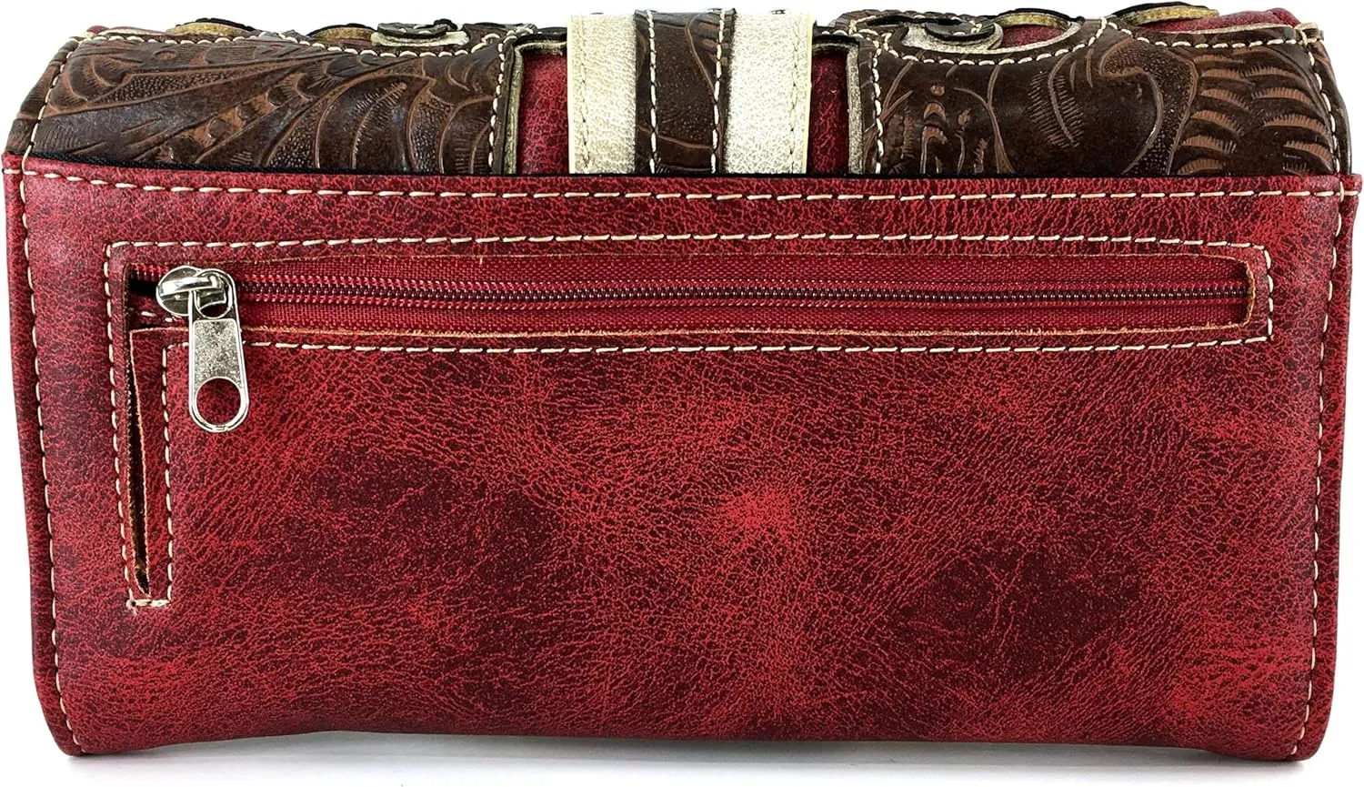 Justin West Tooled Laser Cut Leather Solid Rhinestone Silver Buckle Wristlet Trifold Wallet Attachable Long Strap
