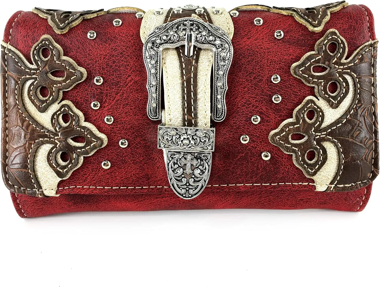Justin West Tooled Laser Cut Leather Solid Rhinestone Silver Buckle Wristlet Trifold Wallet Attachable Long Strap