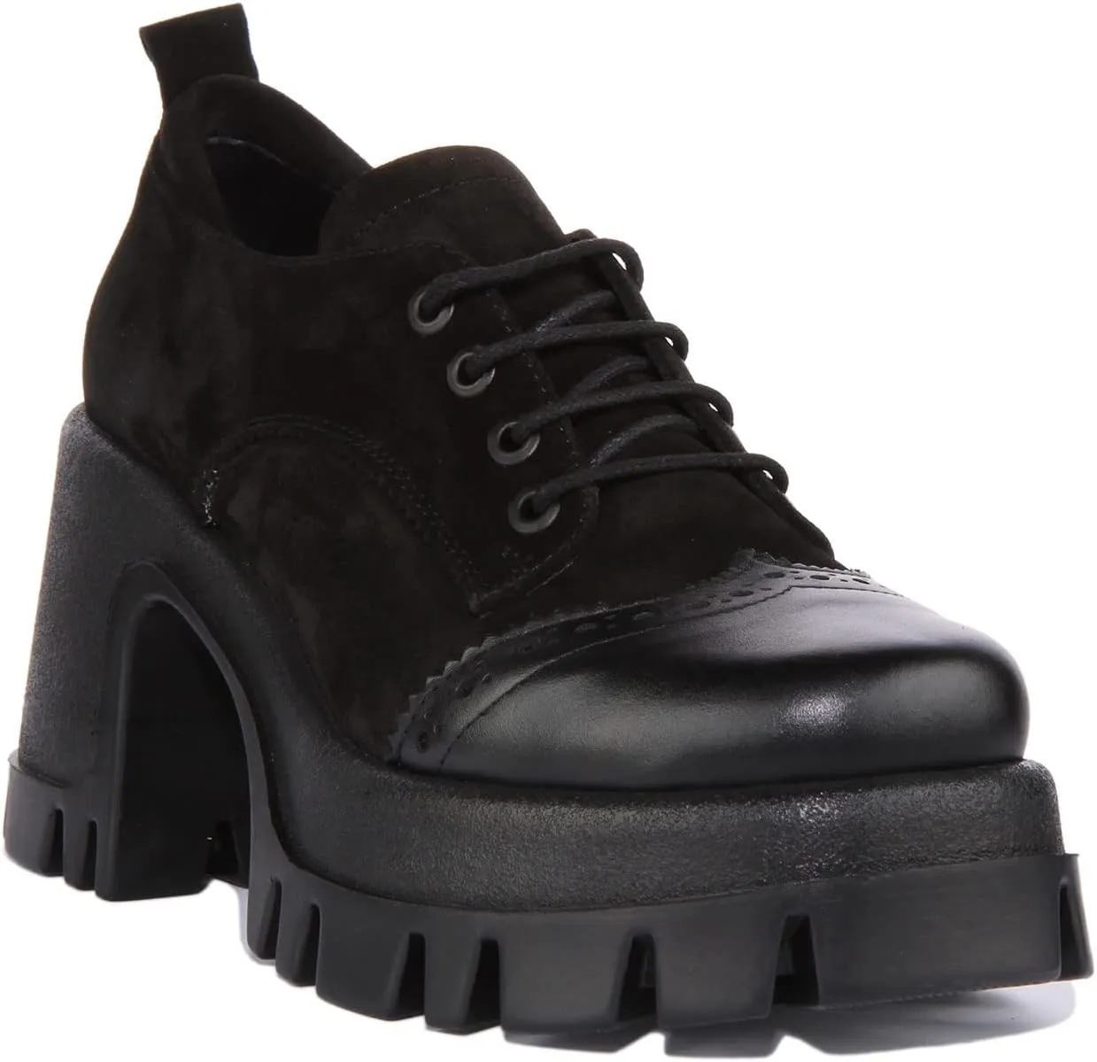 JUSTINREESS Lilly Women's Lace Up Suede Leather Chunky Brogue Shoes (Black Suede, Size 7)