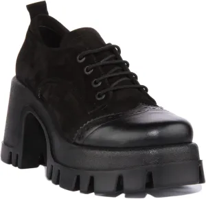 JUSTINREESS Lilly Women's Lace Up Suede Leather Chunky Brogue Shoes (Black Suede, Size 7)