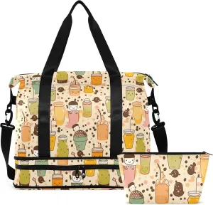 Kawaii Bubble Tea Gym Bag for Women & Men,Duffel Bag with Shoe Pocket,Weekender Overnight Bag with Trolley Sleeve for Travel 21215067