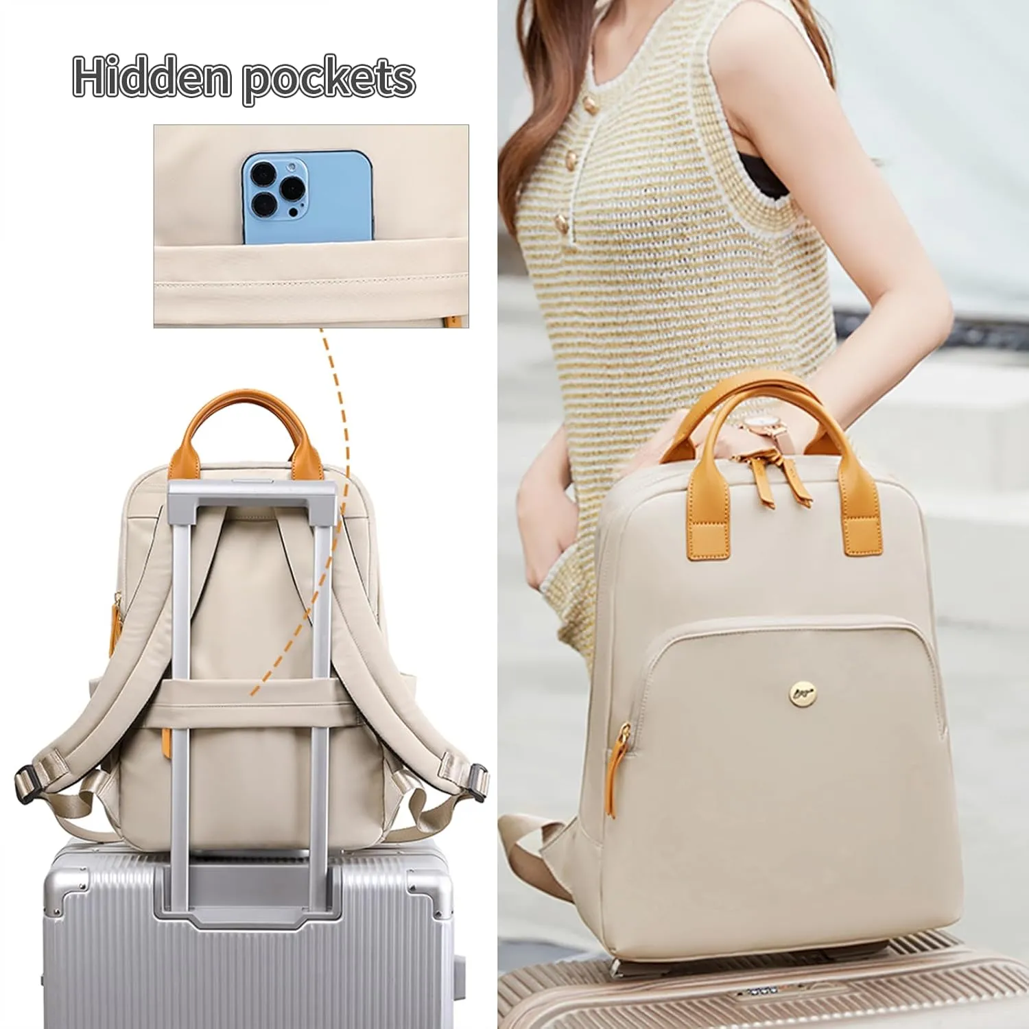 KEBEIXUAN Laptop Backpack Purse for Women Teacher Work Backpack College Waterproof Backpack with Laptop Compartment (Khaki)