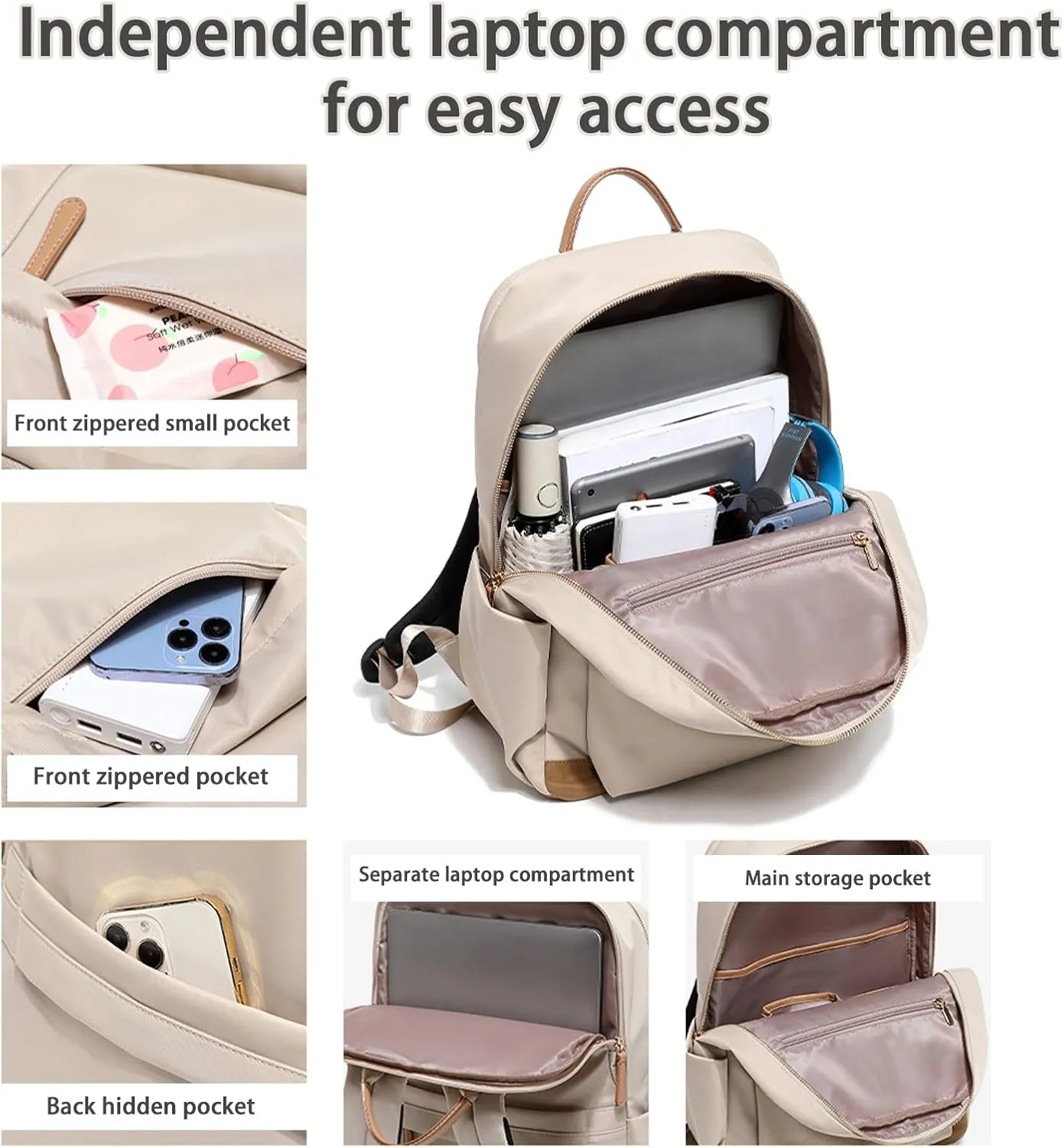 KEBEIXUAN Laptop Backpack Women Waterproof Teacher Backpack with Laptop Compartment Women Backpack for College Nurse Travel (Khaki Work Backpack)