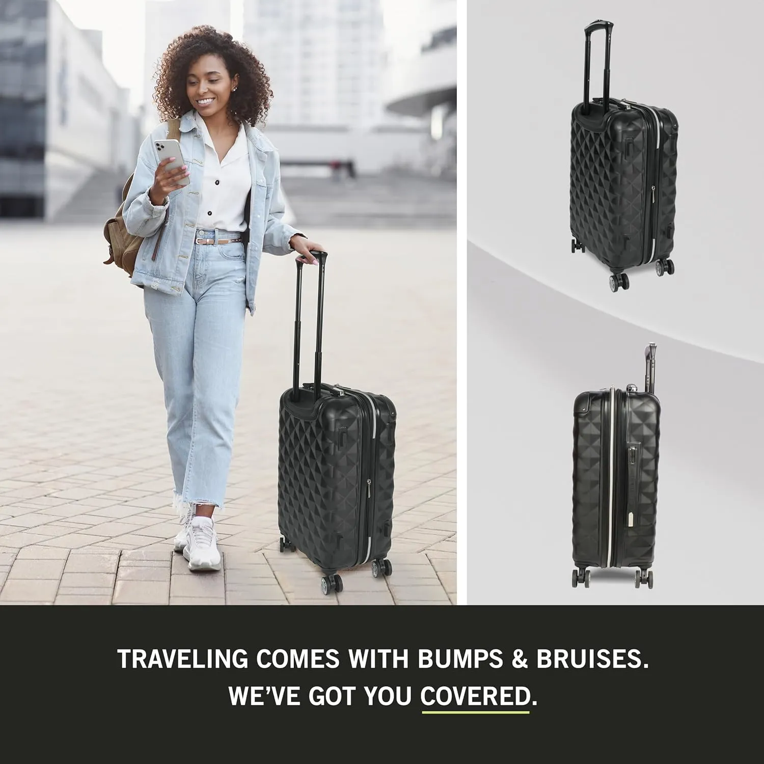Kenneth Cole REACTION Diamond Tower Collection Lightweight Hardside Expandable 8-Wheel Spinner Travel Luggage, Black, 2-Piece Set (20" & 28")