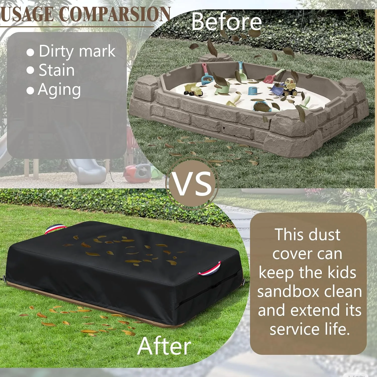 Kids Sandbox Cover for Naturally Playful Sandbox II, Heavy-Duty 600D Waterproof Dustproof UV Resistant, 52" L x 33" W x 16" H,Outside Toys Sand Box Covers (Black)