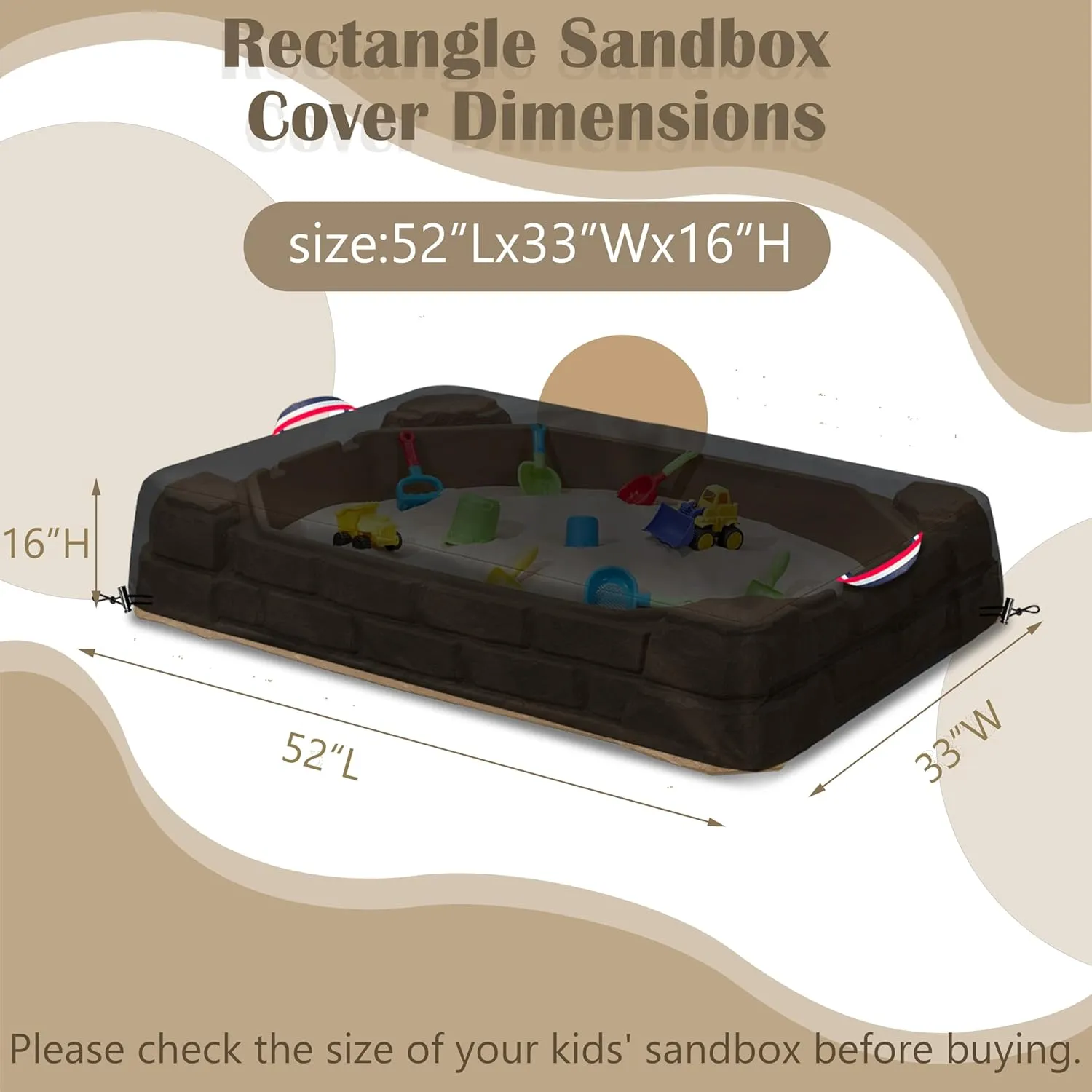 Kids Sandbox Cover for Naturally Playful Sandbox II, Heavy-Duty 600D Waterproof Dustproof UV Resistant, 52" L x 33" W x 16" H,Outside Toys Sand Box Covers (Black)