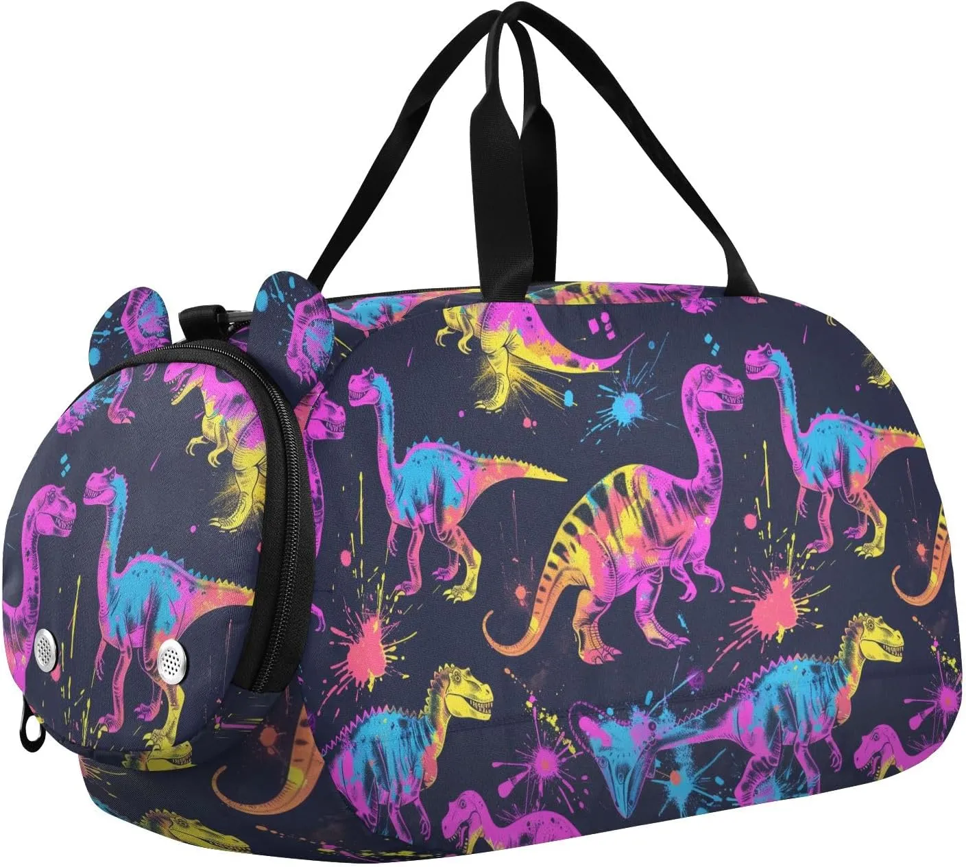 Kids Sport Duffel Bag Neon Color Funny Dinosaurs and Paint Splashes Unisex Overnight Travel Gym Bag