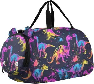 Kids Sport Duffel Bag Neon Color Funny Dinosaurs and Paint Splashes Unisex Overnight Travel Gym Bag