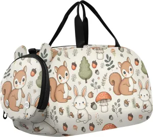 Kids Sport Duffel Bag Pattern with Squirrel Bunny Acorns Mushrooms and Trees Unisex Overnight Travel Gym Bag