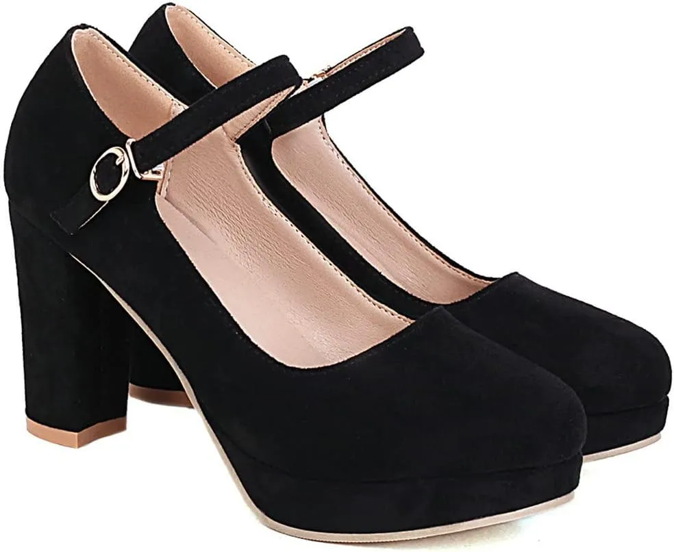 KISSASA Womens Faux Suede High Heel Mary Janes Chunky Round Toe Platform Ankle Strap Pumps Office Work Dress Shoes