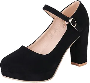 KISSASA Womens Faux Suede High Heel Mary Janes Chunky Round Toe Platform Ankle Strap Pumps Office Work Dress Shoes
