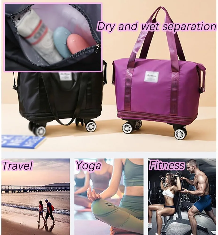 Klarson Expandable Bag with Wheels, Scratch Expandable Travel Duffle Bag with Wheels, Foldable Suitcase without Handle (Black)