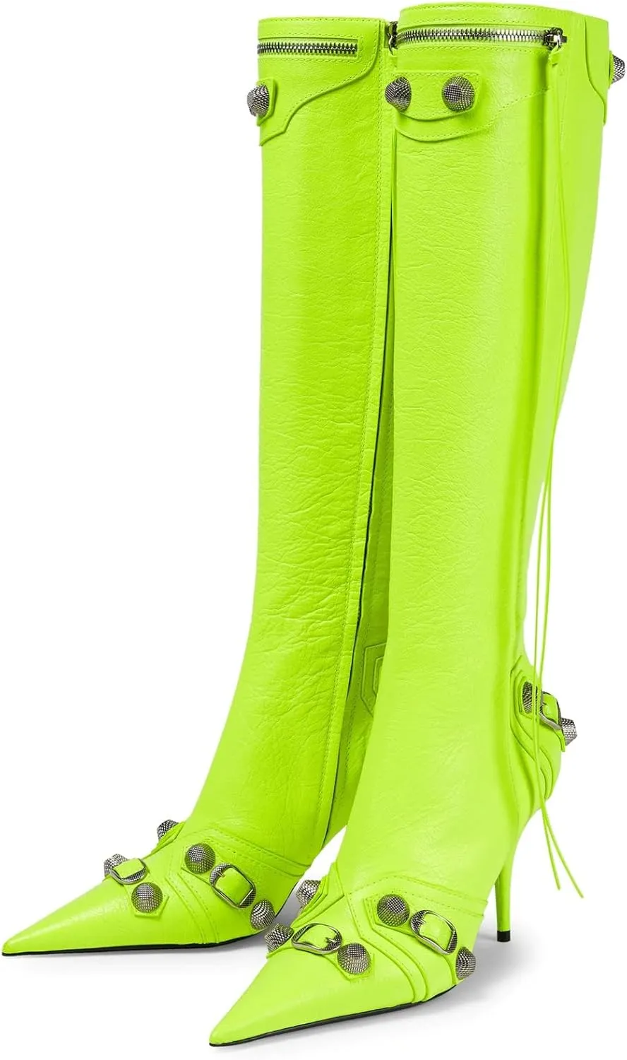 Kluolandi Women's Stiletto High Heel Knee High Boots with Tassel Pointy Toe Studded Zipper Booties Dress Shoes
