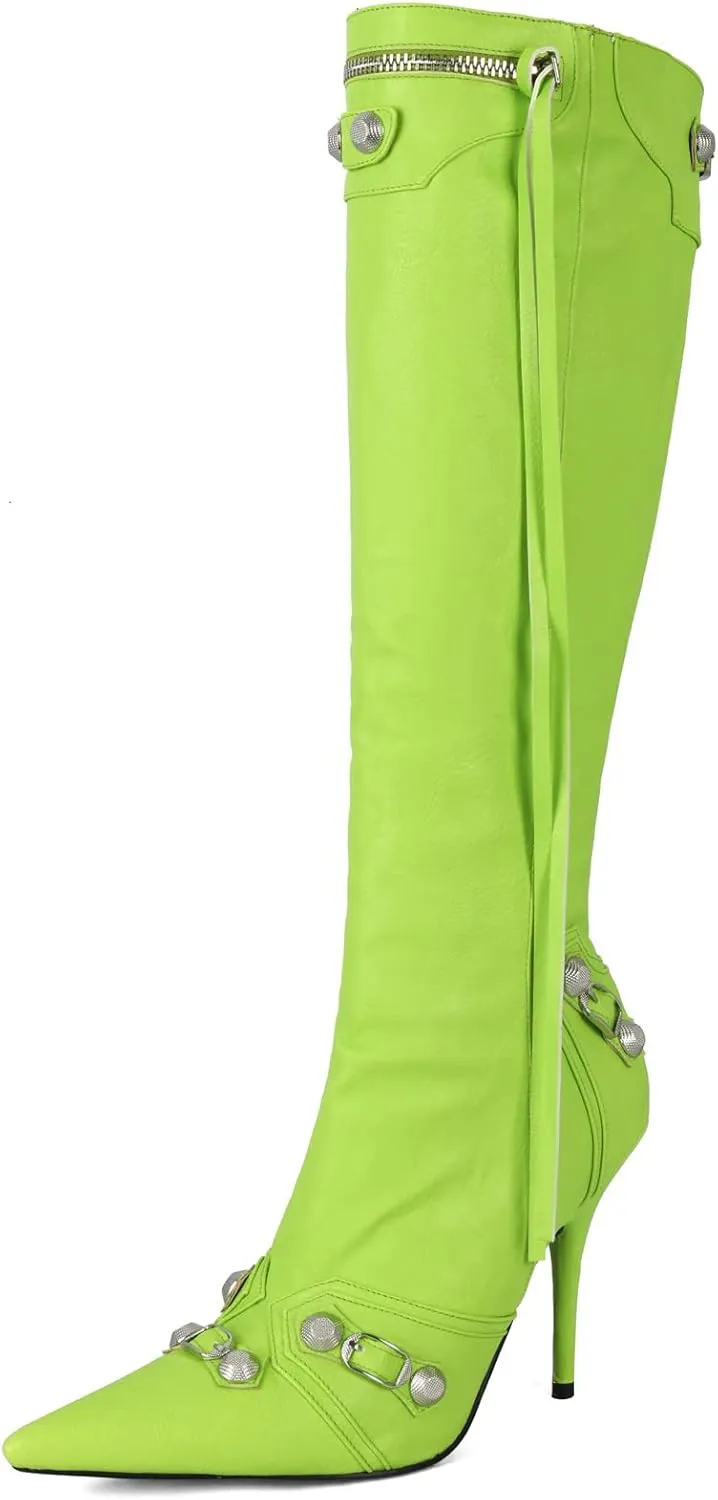 Kluolandi Women's Stiletto High Heel Knee High Boots with Tassel Pointy Toe Studded Zipper Booties Dress Shoes