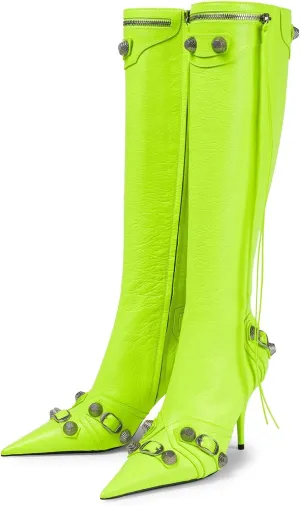 Kluolandi Women's Stiletto High Heel Knee High Boots with Tassel Pointy Toe Studded Zipper Booties Dress Shoes