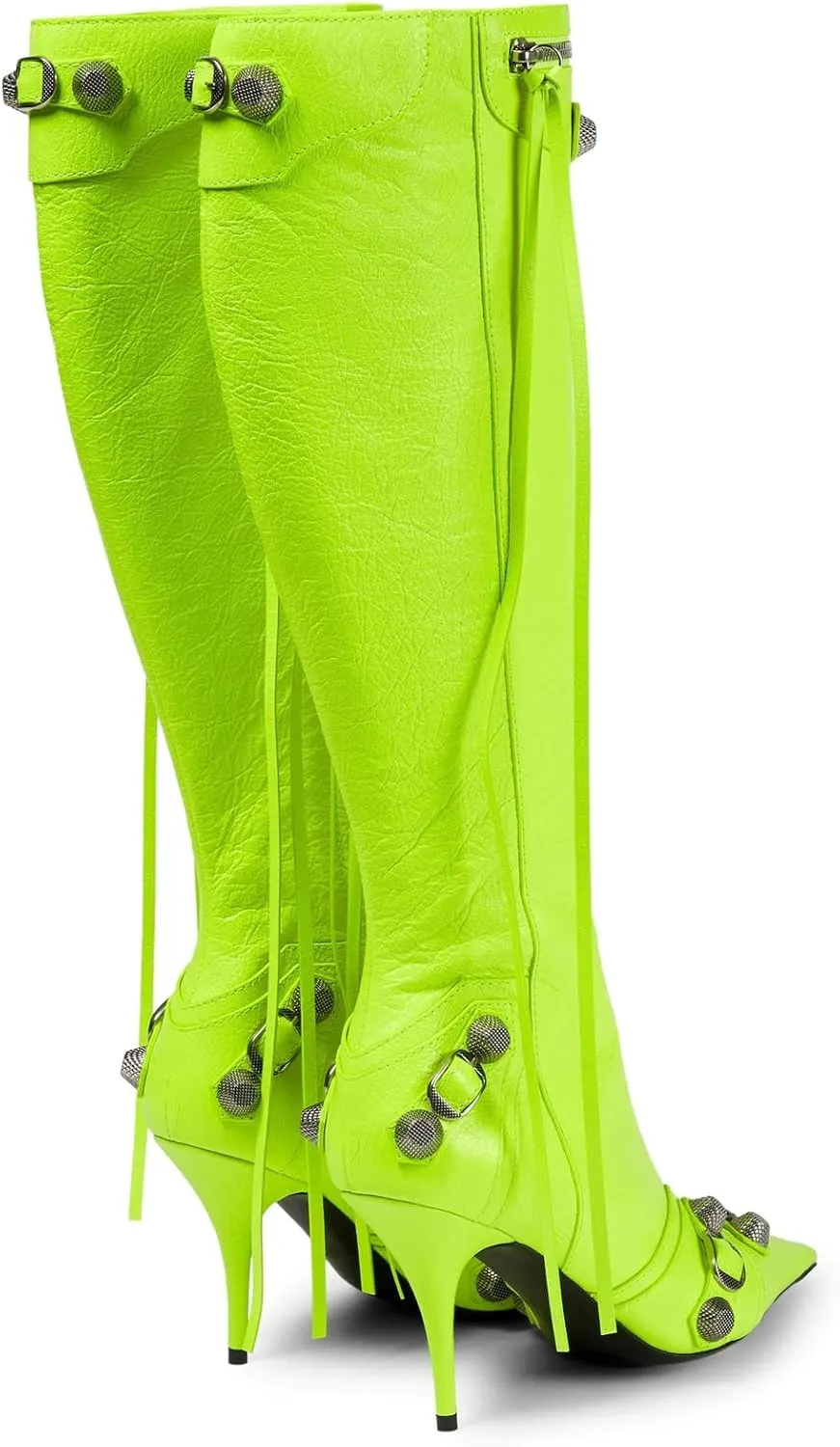 Kluolandi Women's Stiletto High Heel Knee High Boots with Tassel Pointy Toe Studded Zipper Booties Dress Shoes