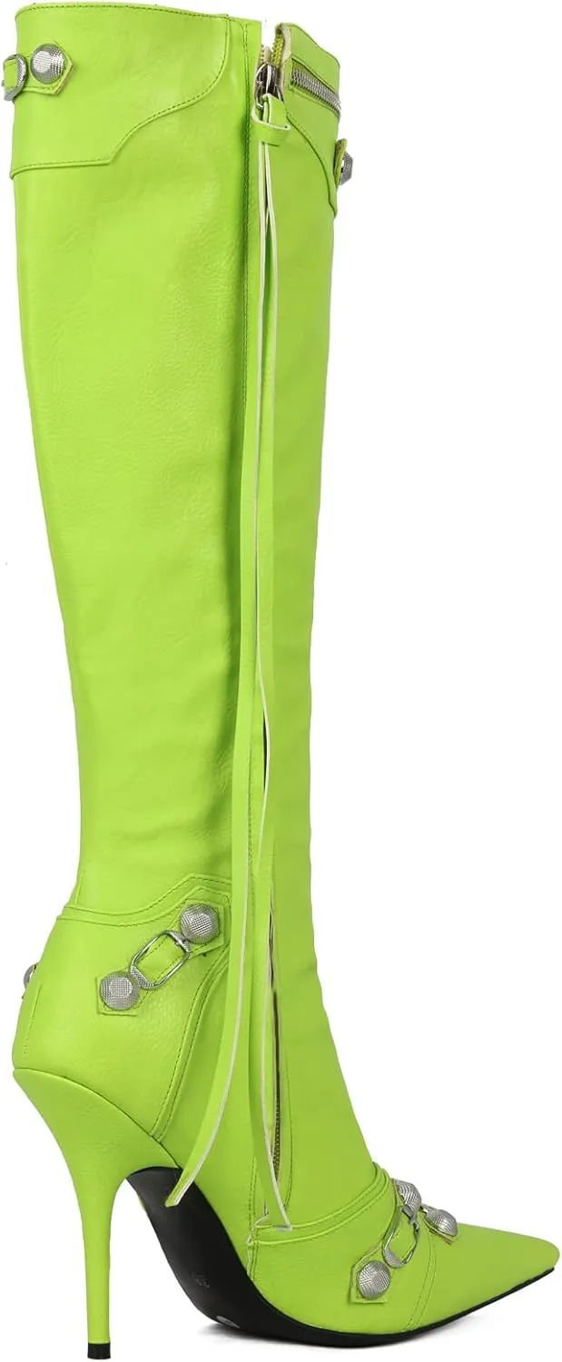 Kluolandi Women's Stiletto High Heel Knee High Boots with Tassel Pointy Toe Studded Zipper Booties Dress Shoes