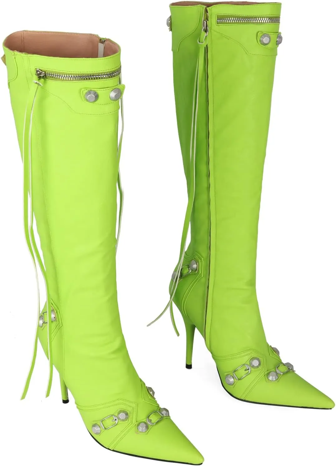Kluolandi Women's Stiletto High Heel Knee High Boots with Tassel Pointy Toe Studded Zipper Booties Dress Shoes
