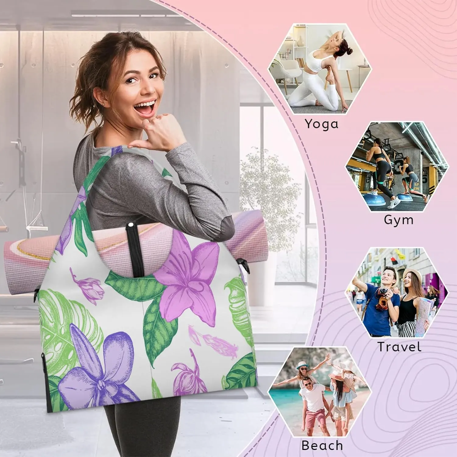 KOBLEN Yoga Gym Bags for Women Duffel Bag with Shoe Compartment and Yoga Mat Portable Weekender Bags for Pilates Travel Offices Workout Beach