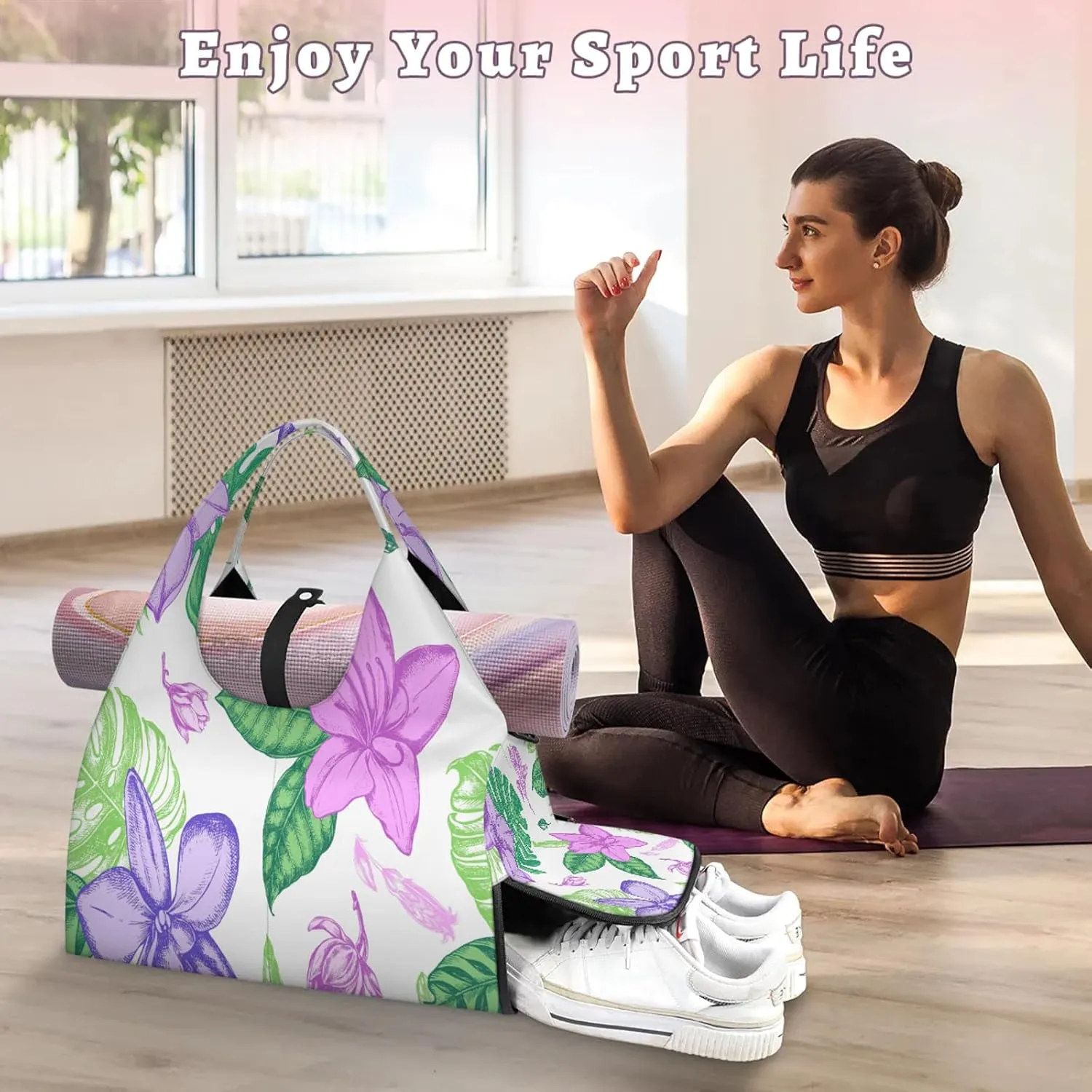 KOBLEN Yoga Gym Bags for Women Duffel Bag with Shoe Compartment and Yoga Mat Portable Weekender Bags for Pilates Travel Offices Workout Beach